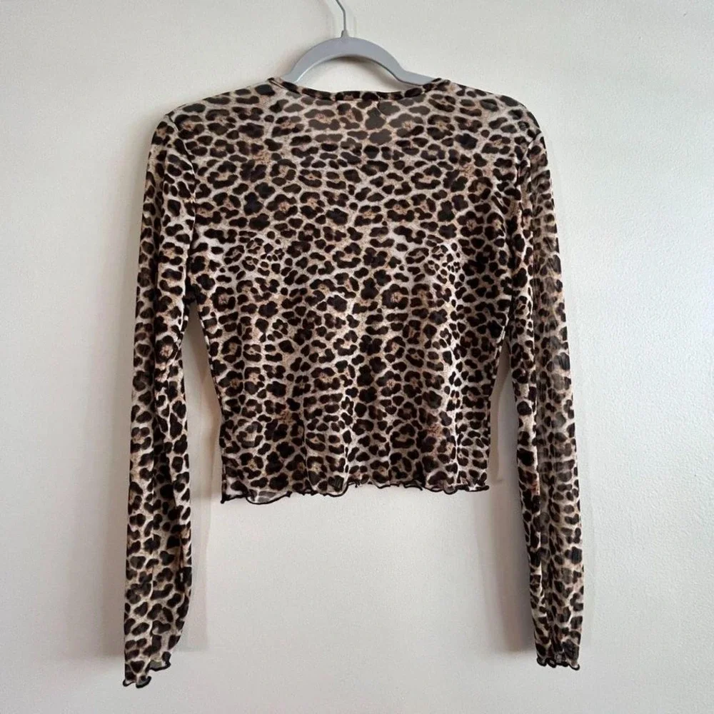 Altar'd State Mesh Leopard Print Crop Top S Long Sleeve Lettuce Hem Sheer Y2K